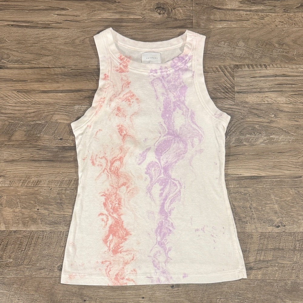 Sundays Ribbed Knit Top in White with Purple and Peach Tie-Dye - Size S